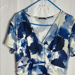 OUGES Blue Abstract V-Neck Short Sleeve Dress